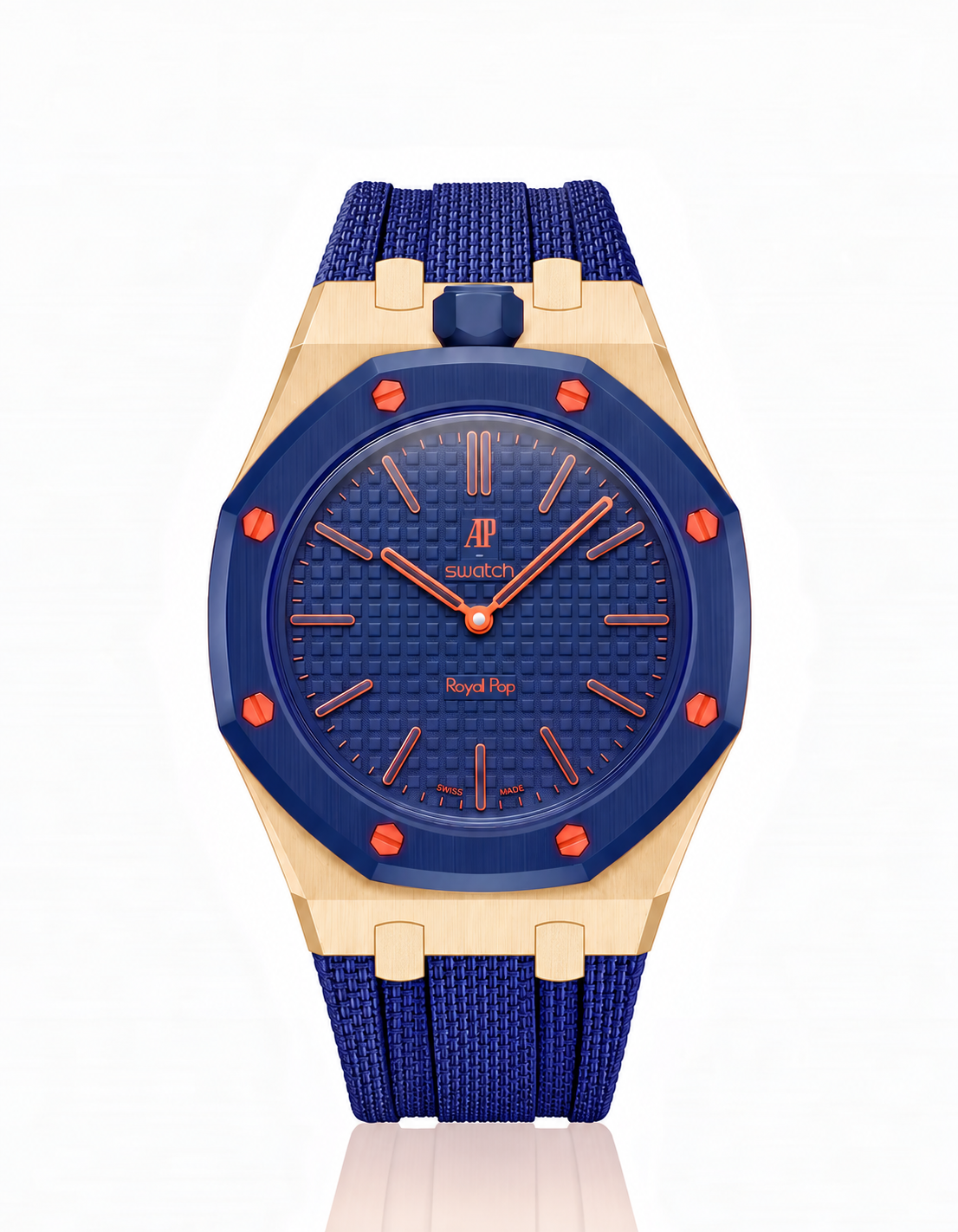 Rose Gold Case + Navy FKM Rubber For AP x Swatch Royal Pop - 12 o'clock