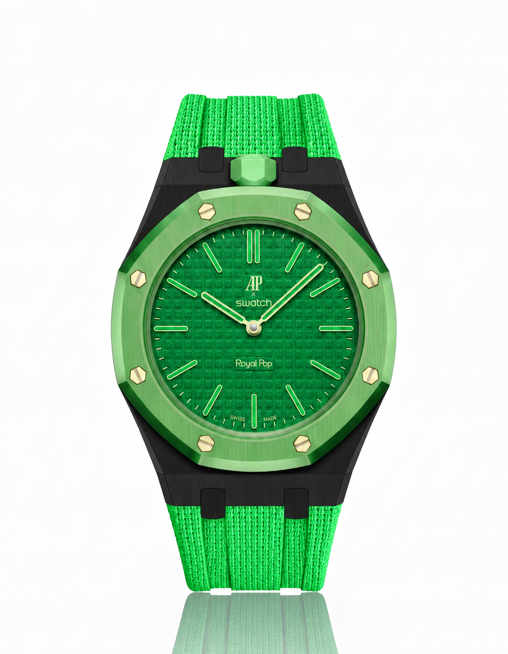 Black Stainless Steel Case + Green FKM Rubber For AP x Swatch Royal Pop - 12 o'clock