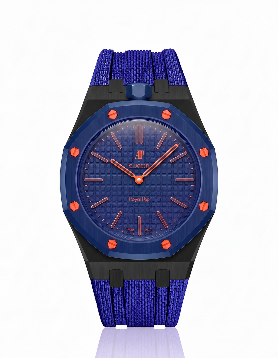 Black Stainless Steel Case + Navy FKM Rubber For AP x Swatch Royal Pop - 12 o'clock