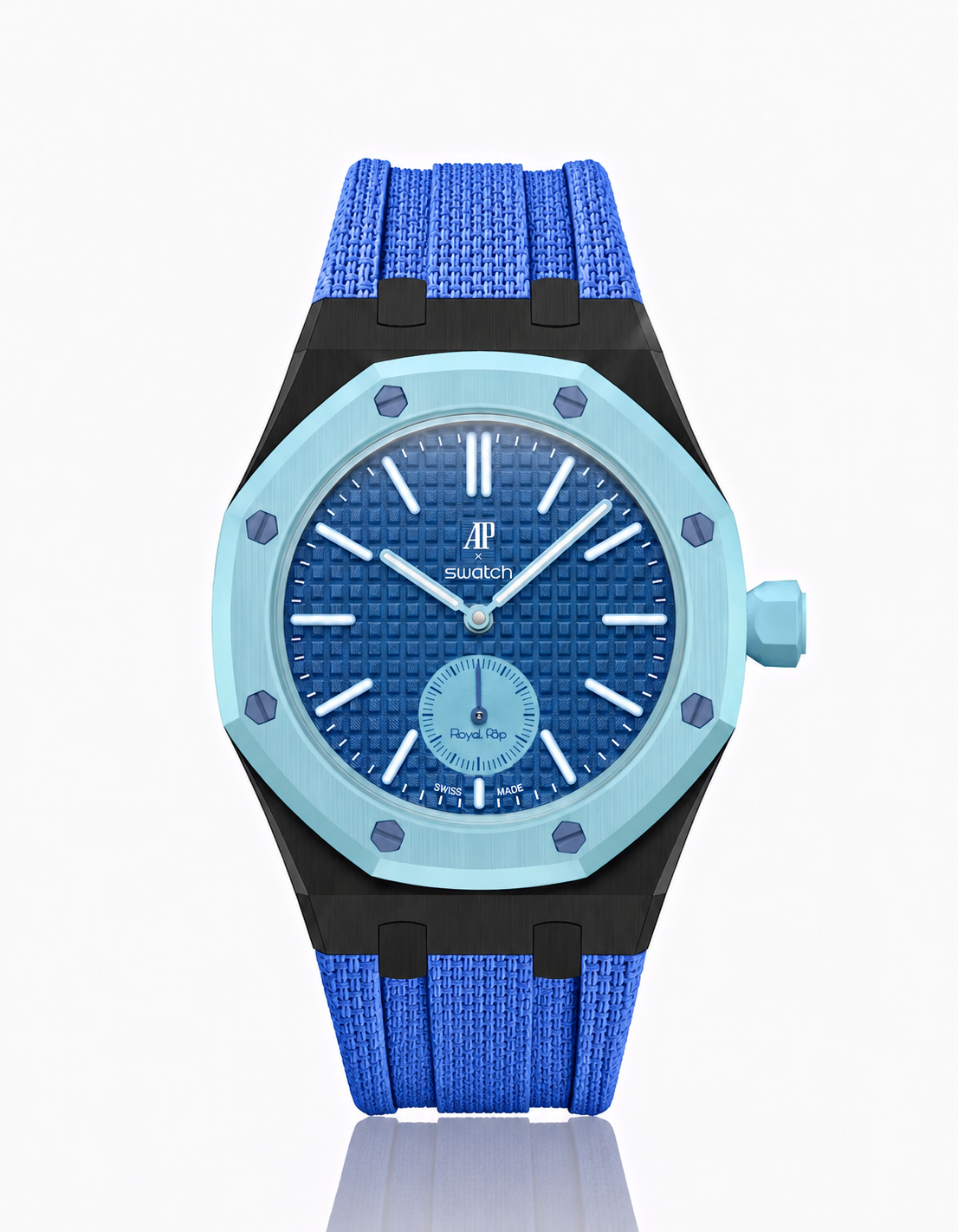 Black Stainless Steel Case + Blue FKM Rubber For AP x Swatch Royal Pop - 3 o'clock