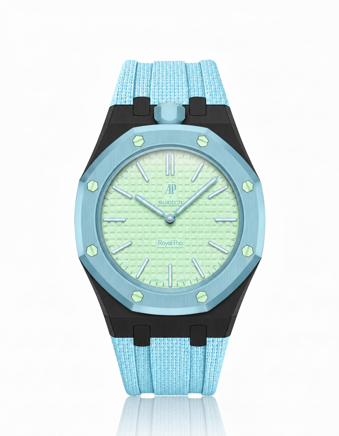 Black Stainless Steel Case + Light Blue FKM Rubber For AP x Swatch Royal Pop - 12 o'clock