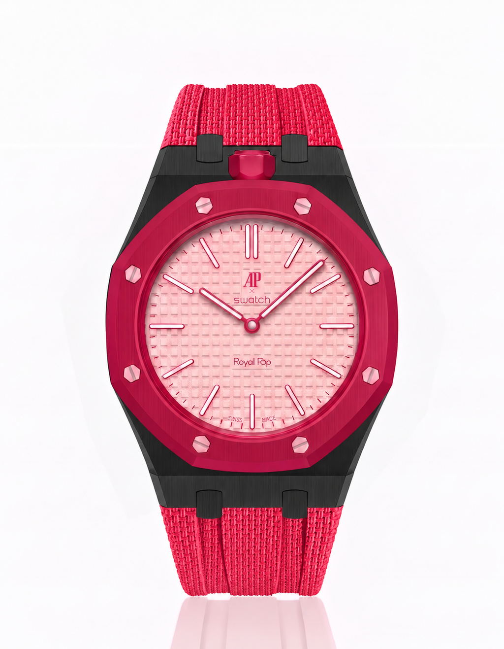 Black Stainless Steel Case + Red FKM Rubber For AP x Swatch Royal Pop - 12 o'clock