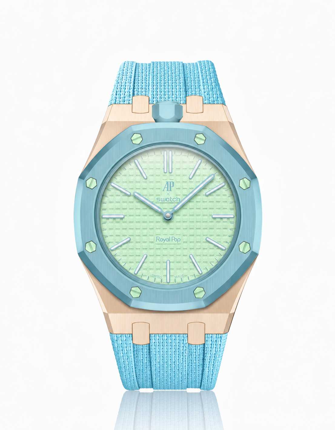 Rose Gold Case + Light Blue FKM Rubber For AP x Swatch Royal Pop - 12 o'clock