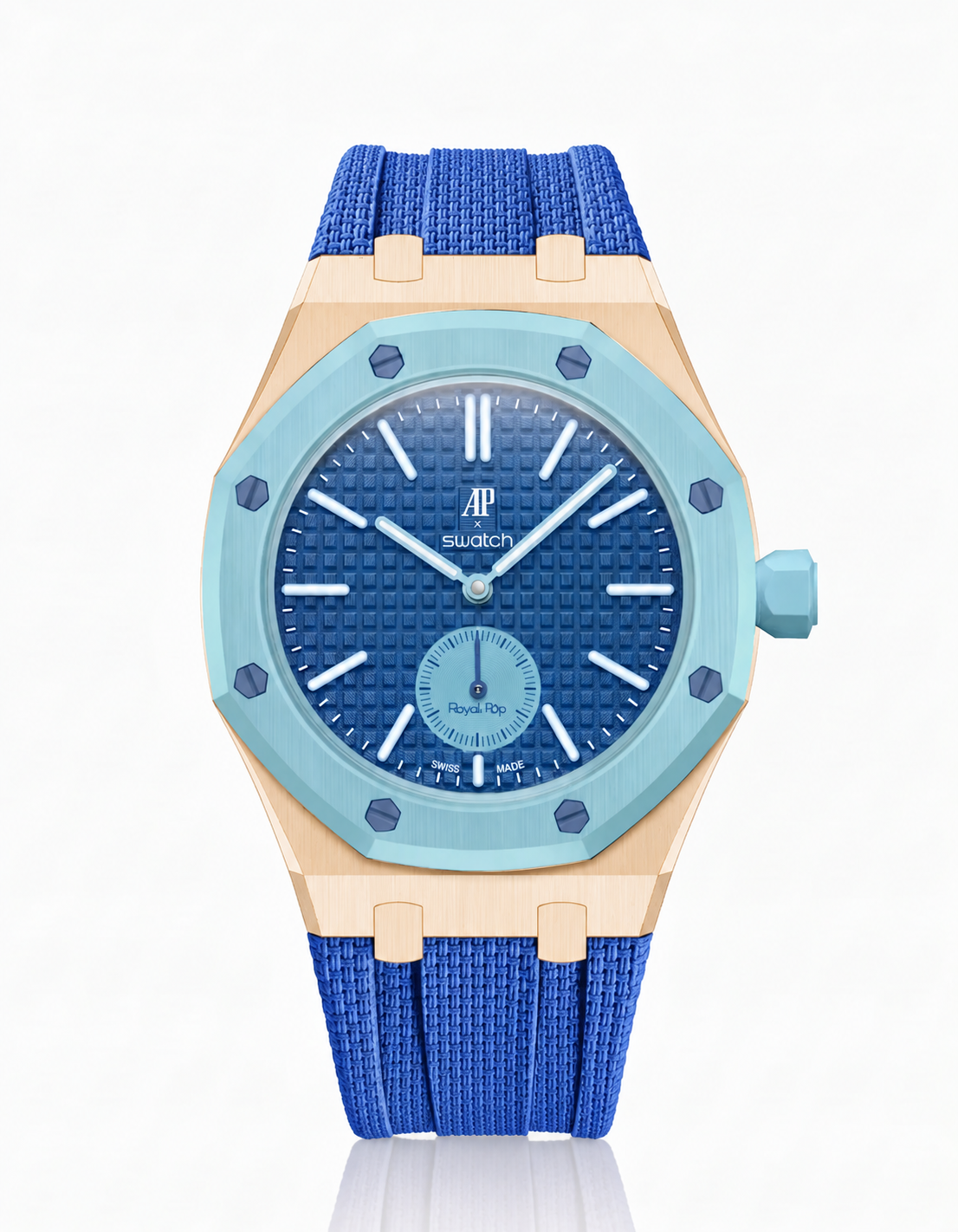 Rose Gold Case + Blue FKM Rubber For AP x Swatch Royal Pop - 3 o'clock