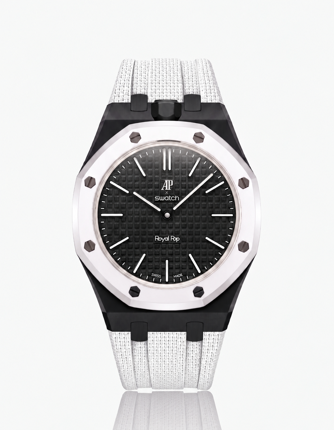 Black Stainless Steel Case + White FKM Rubber For AP x Swatch Royal Pop - 12 o'clock