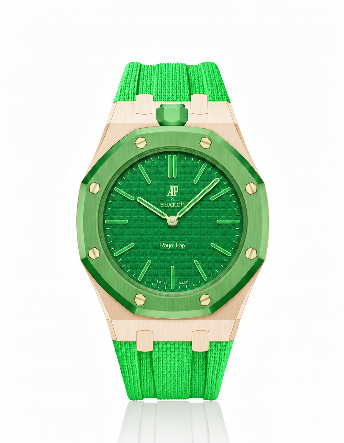 Rose Gold Case + Green FKM Rubber For AP x Swatch Royal Pop - 12 o'clock