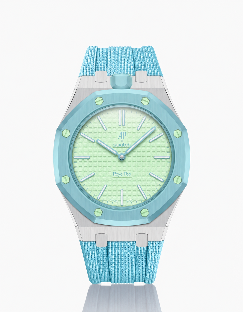Stainless Steel Case + Light Blue FKM Rubber For AP x Swatch Royal Pop - 12 o'clock