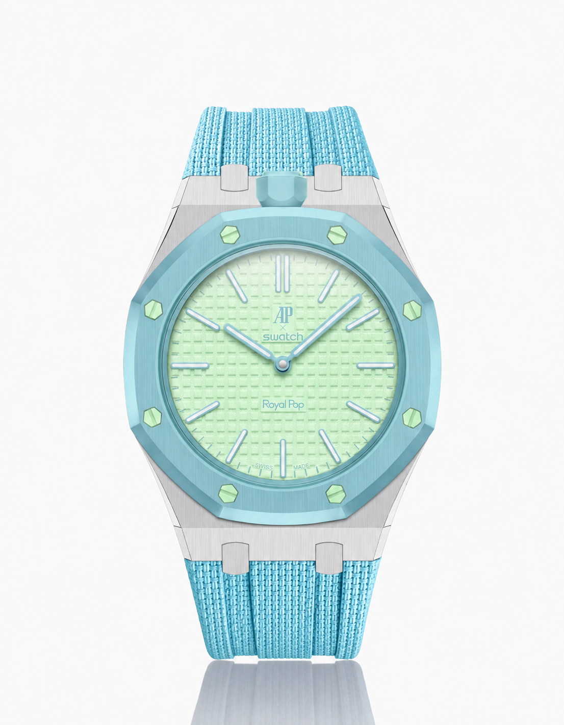 Stainless Steel Case + Light Blue FKM Rubber For AP x Swatch Royal Pop - 12 o'clock