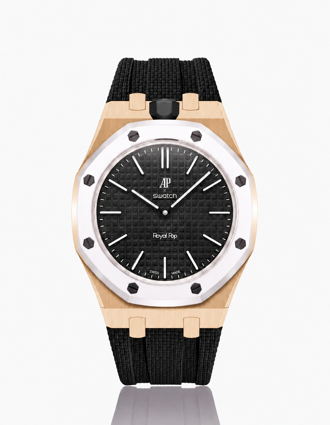 Rose Gold Case + Black FKM Rubber For AP x Swatch Royal Pop - 12 o'clock